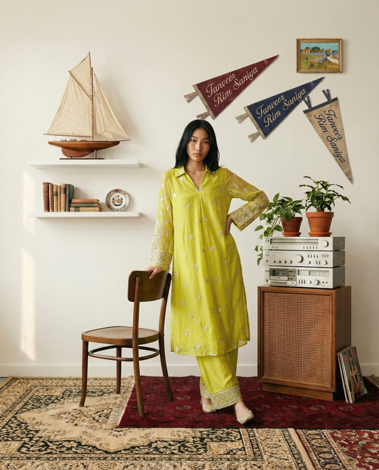 Savoy Holiday Ochre Yellow Embroidered Chanderi Kurta Set