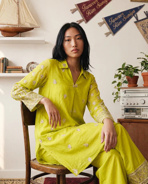 Savoy Holiday Ochre Yellow Embroidered Chanderi Kurta Set